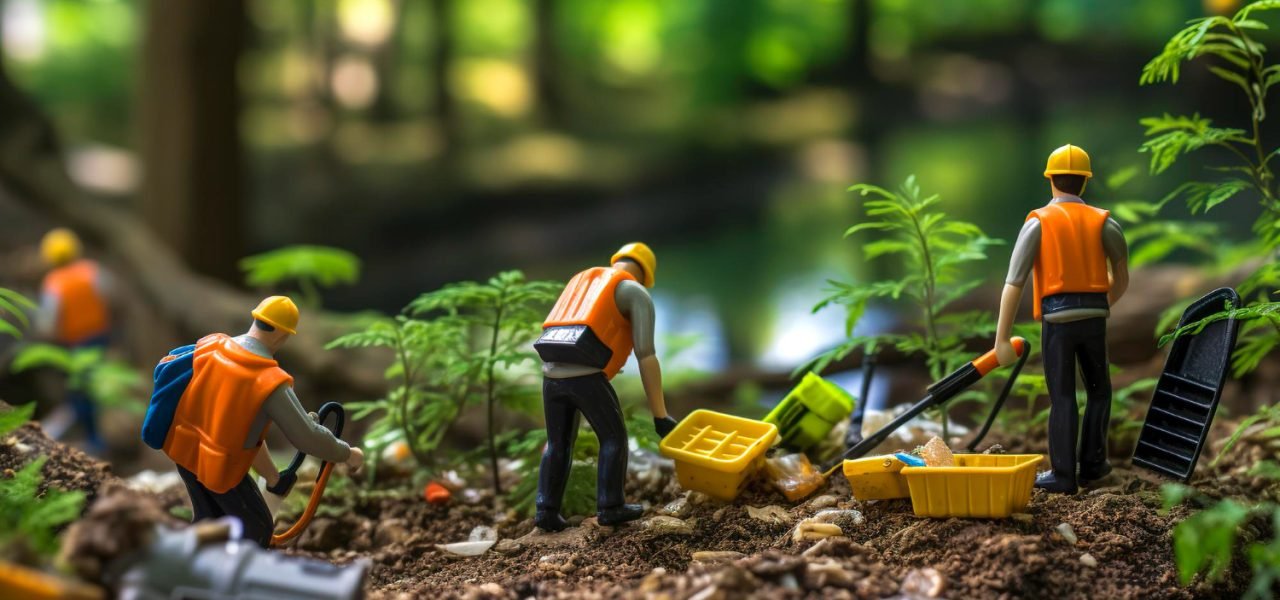 generative-ai-illustration-tiny-workers-cleaning-forest-garbage-plastics-sustainable-worldrecycle-concept